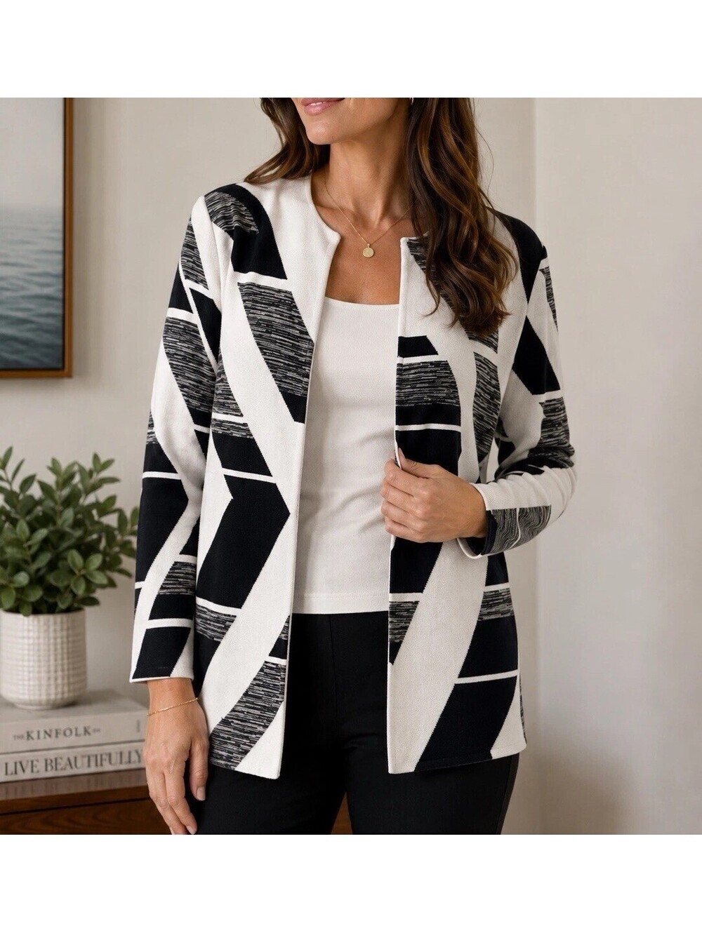 Ming Wang Open Front Cardigan Sweater Small Black White Geometric Knit